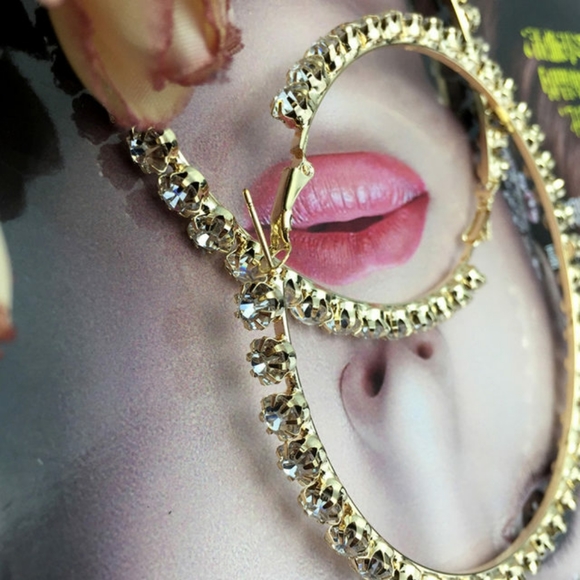 Gold Crystal Geometric Bling Round Hoop Earrings - Picture 3 of 5